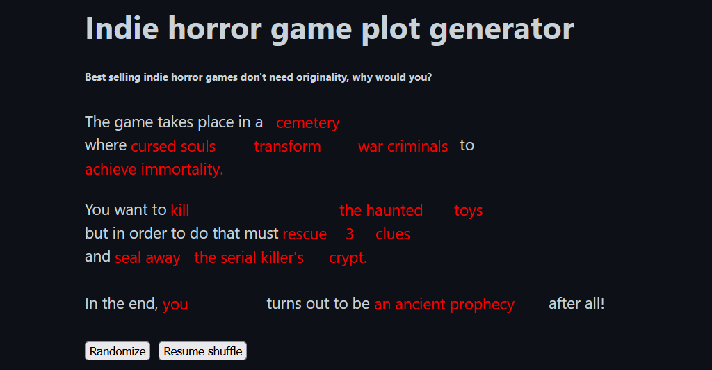 Indie Horror Game Plot Generator